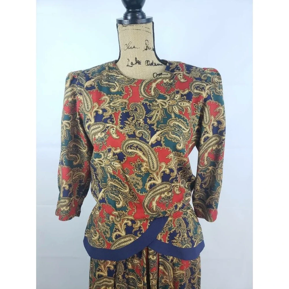 Lisa Petites Womens Peplum Dress Khaki Tan Red Paisley 3/4 Sleeve Vintage 10 U10